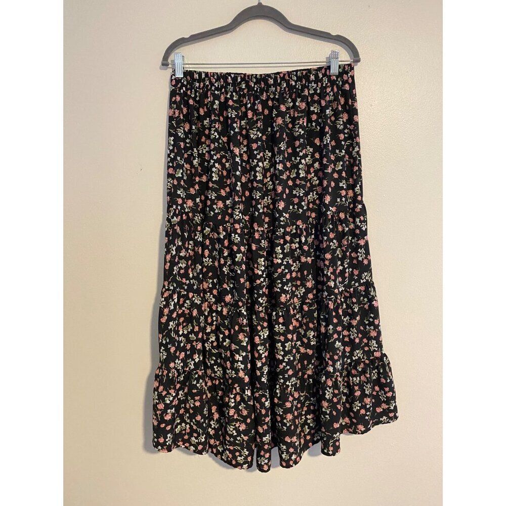 Simple Fun Floral Print Maxi Skirt L High Low Hem Back Elastic Waistb Black/Pink - Picture 2 of 7